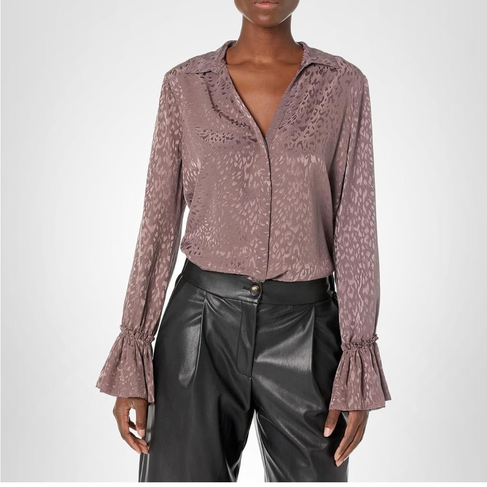 PAIGE Abriana Leopard Print 100% Silk Shirt Blouse Satin Jacquard Truffle